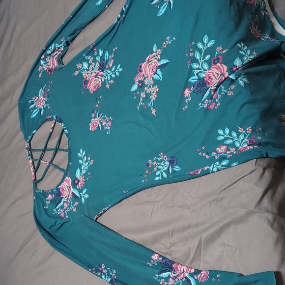 Teal blue & ๐ธ pink floral mini dress long sleeve strappy criss cross open back - Picture 3 of 13